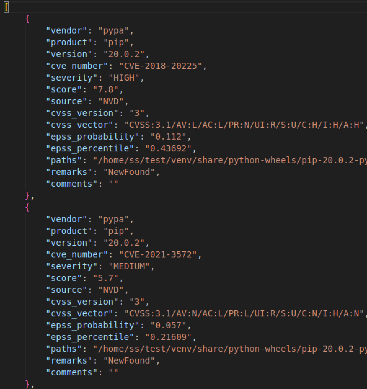 JSON metric table